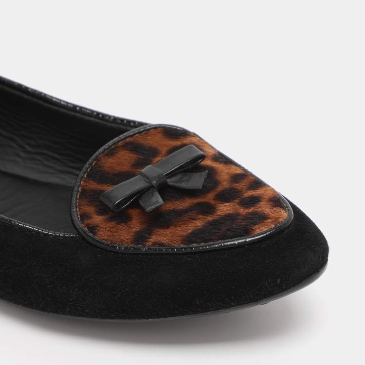 Pre Owned Tod's Black Leopard Print Calf Hair and Suede Bow Ballet Flats Size 36