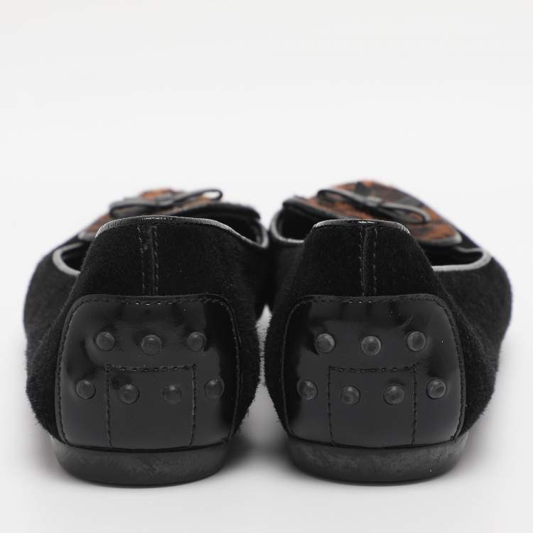 Pre Owned Tod's Black Leopard Print Calf Hair and Suede Bow Ballet Flats Size 36