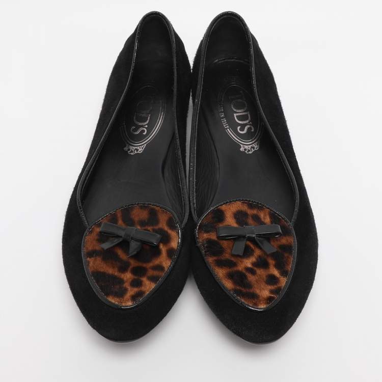 Pre Owned Tod's Black Leopard Print Calf Hair and Suede Bow Ballet Flats Size 36