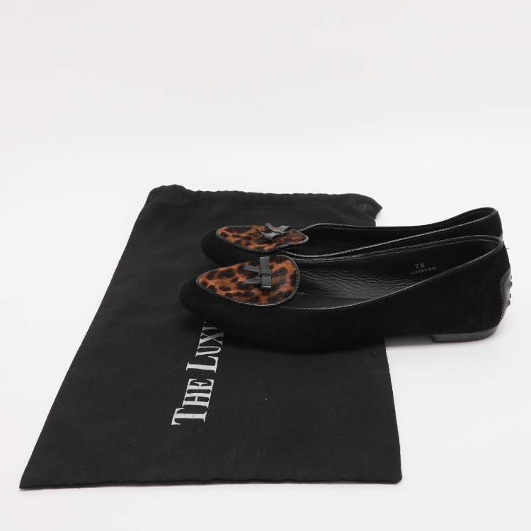 Pre Owned Tod's Black Leopard Print Calf Hair and Suede Bow Ballet Flats Size 36