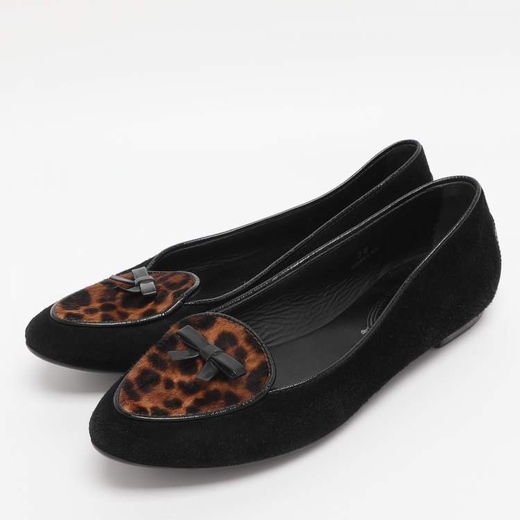 Pre Owned Tod's Black Leopard Print Calf Hair and Suede Bow Ballet Flats Size 36