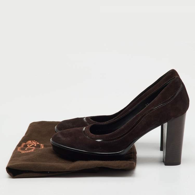 Pre Owned Tod's Dark Brown Suede Round Toe Platform Pumps Size 38
