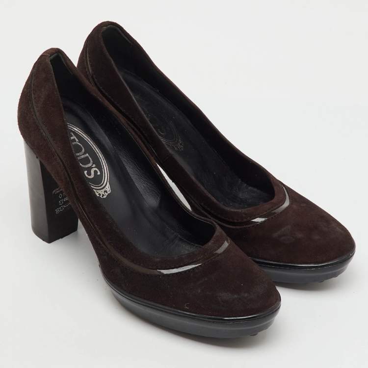 Pre Owned Tod's Dark Brown Suede Round Toe Platform Pumps Size 38