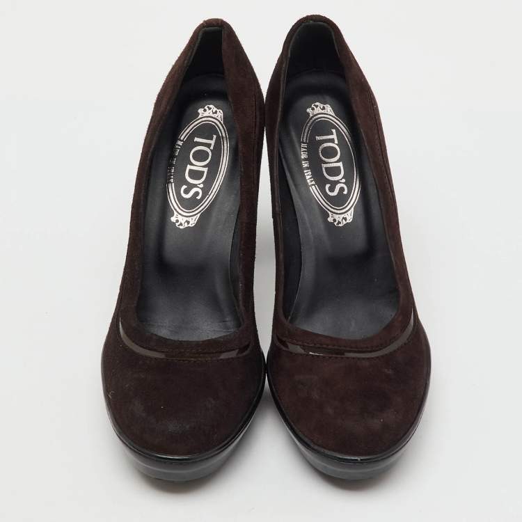 Pre Owned Tod's Dark Brown Suede Round Toe Platform Pumps Size 38