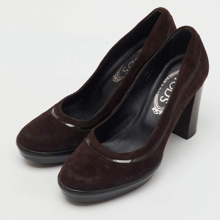 Pre Owned Tod's Dark Brown Suede Round Toe Platform Pumps Size 38