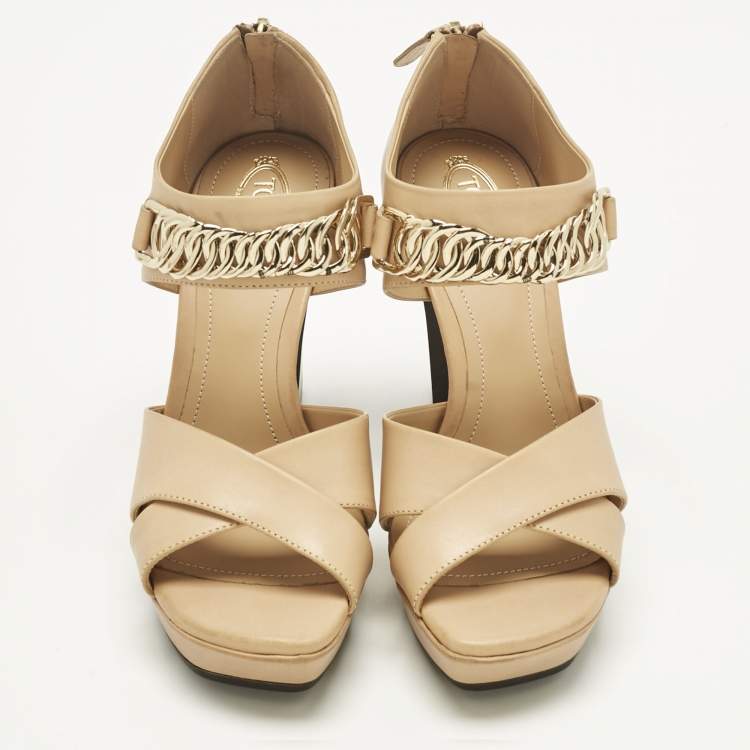 Pre Owned Tod's Beige Leather Chainlink Sandals Size 36.5