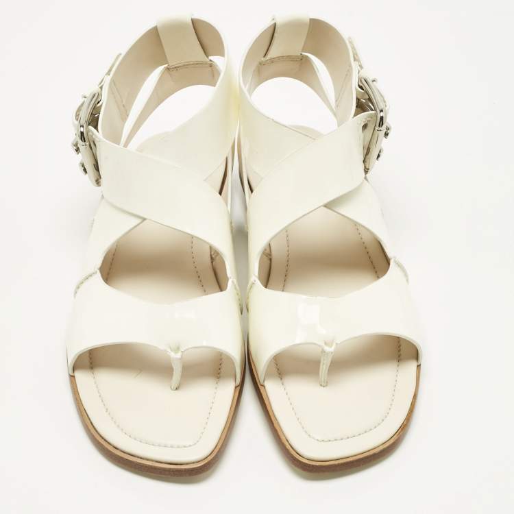 Pre Owned Tod's White Patent Leather Cross Strap Flat Sandals Size 36.5