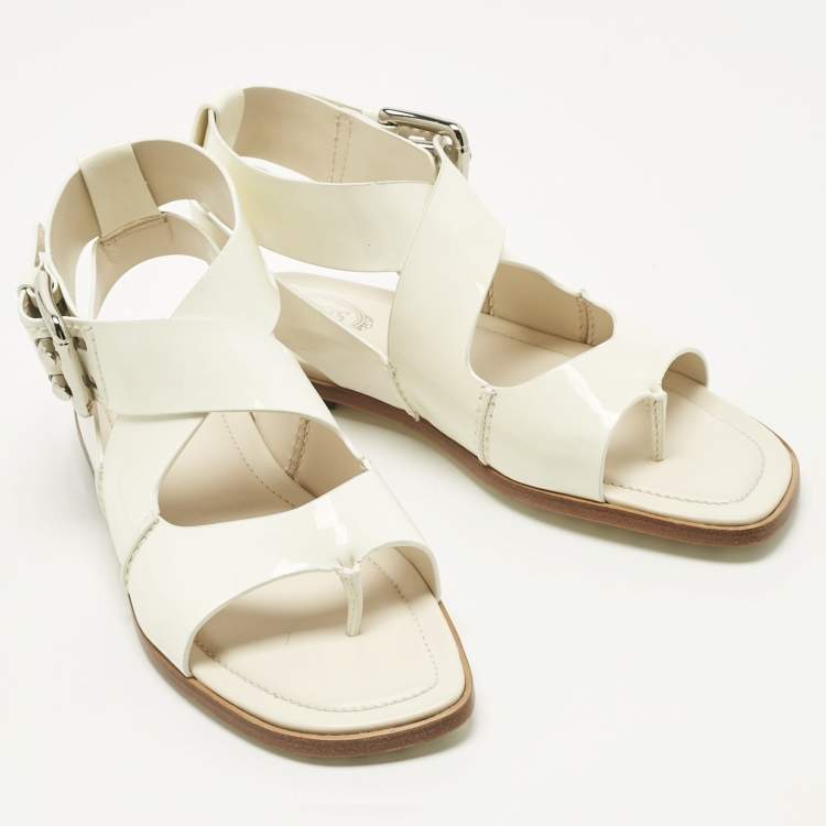 Pre Owned Tod's White Patent Leather Cross Strap Flat Sandals Size 36.5