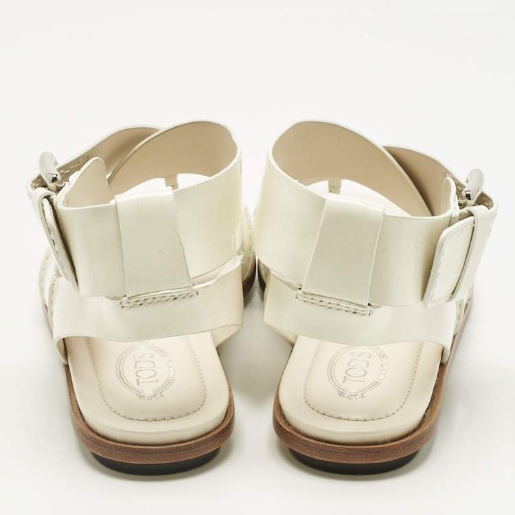 Pre Owned Tod's White Patent Leather Cross Strap Flat Sandals Size 36.5