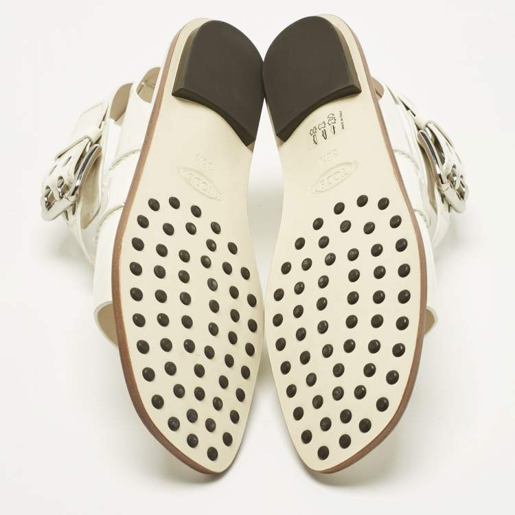 Pre Owned Tod's White Patent Leather Cross Strap Flat Sandals Size 36.5