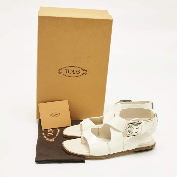 Pre Owned Tod's White Patent Leather Cross Strap Flat Sandals Size 36.5