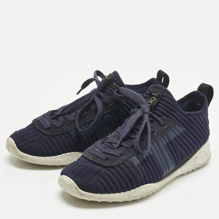 Pre Owned Tod's Navy Blue Knit Fabric and Suede Sportiva Low Top Sneakers Size 38.5
