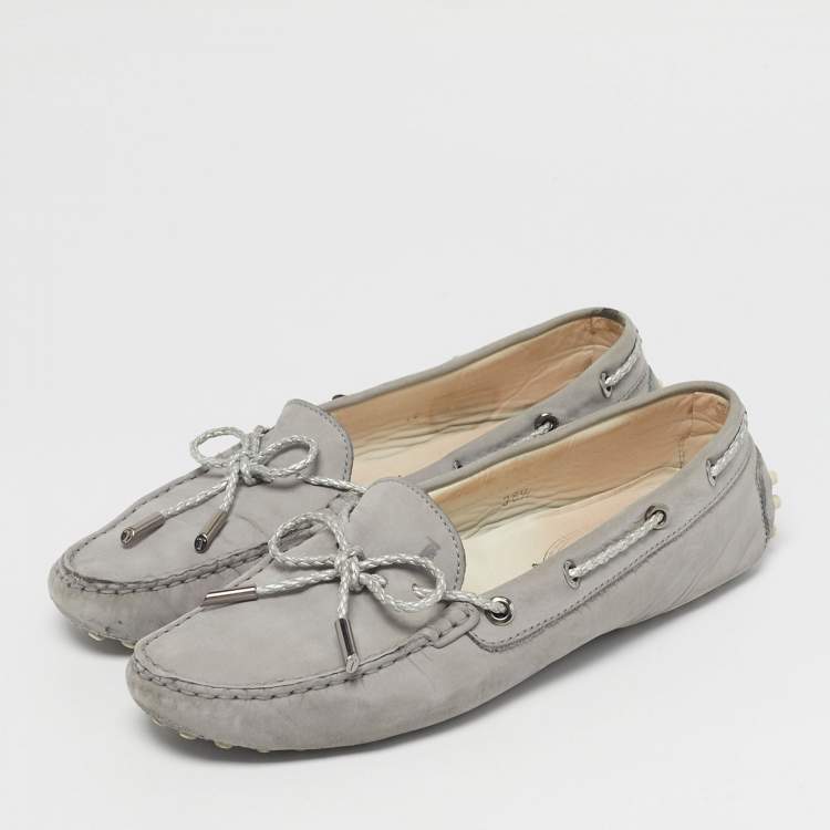 Pre Owned Tod's Grey Nubuck Leather Gommino Bow Loafers Size 38.5