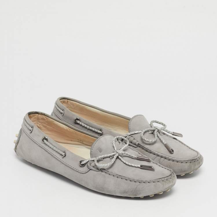 Pre Owned Tod's Grey Nubuck Leather Gommino Bow Loafers Size 38.5