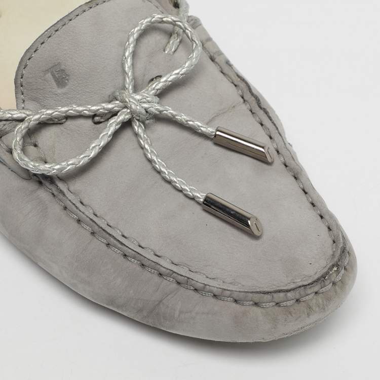 Pre Owned Tod's Grey Nubuck Leather Gommino Bow Loafers Size 38.5
