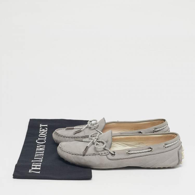 Pre Owned Tod's Grey Nubuck Leather Gommino Bow Loafers Size 38.5
