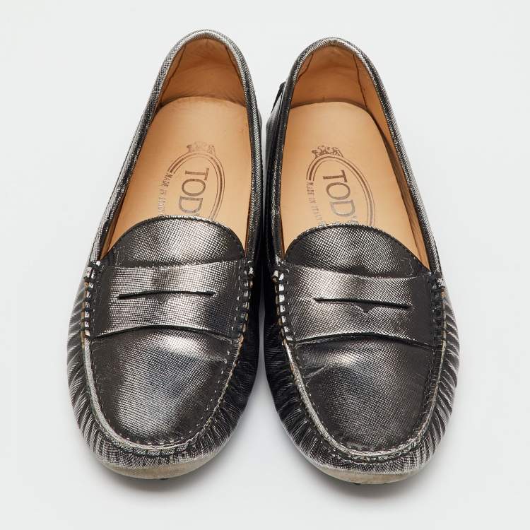 Pre Owned Tod's Metallic Leather Penny Slip On Loafers Size 36