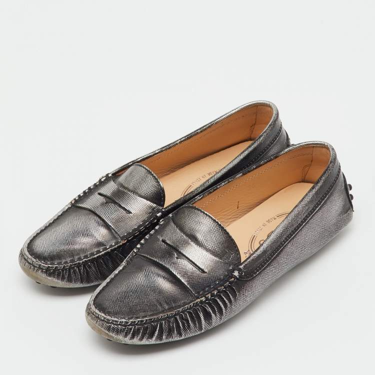 Pre Owned Tod's Metallic Leather Penny Slip On Loafers Size 36