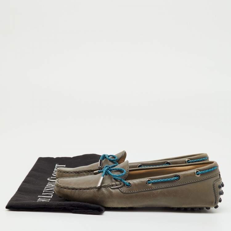 Pre Owned Tod's Grey/Blue Leather Gommino Bow Slip On Loafers Size 36