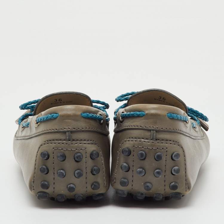 Pre Owned Tod's Grey/Blue Leather Gommino Bow Slip On Loafers Size 36