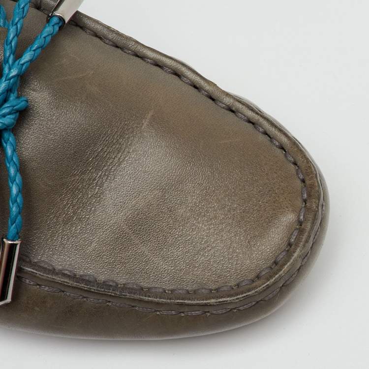 Pre Owned Tod's Grey/Blue Leather Gommino Bow Slip On Loafers Size 36