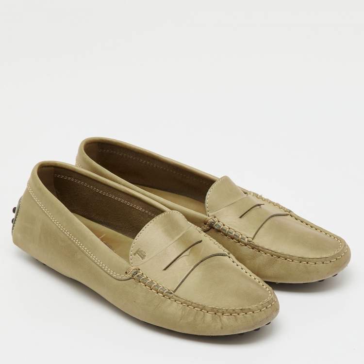 Pre Owned Tod's Olive Green Leather Slip On Loafers Size 36