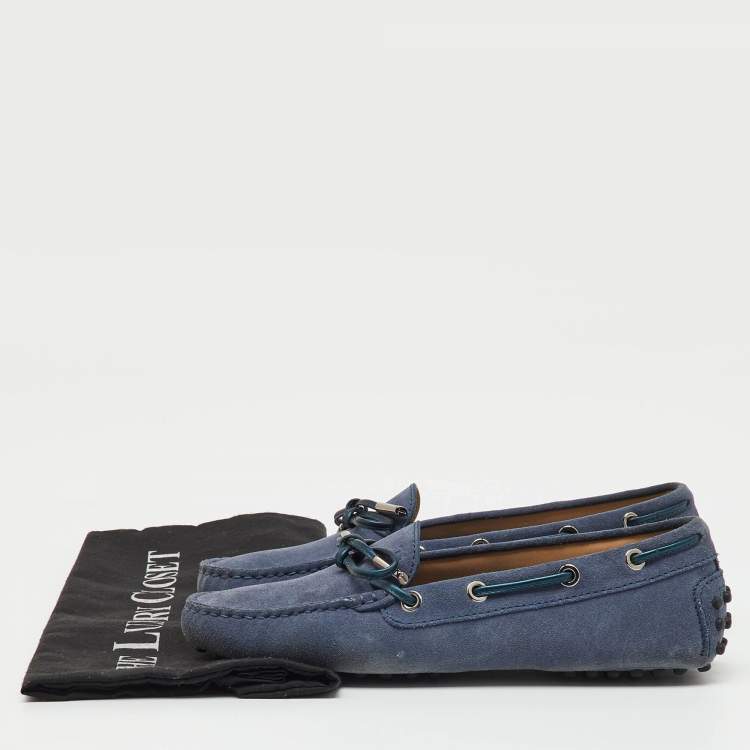 Pre Owned Tod's Blue Suede Gommino Bow Slip On Loafers Size 36