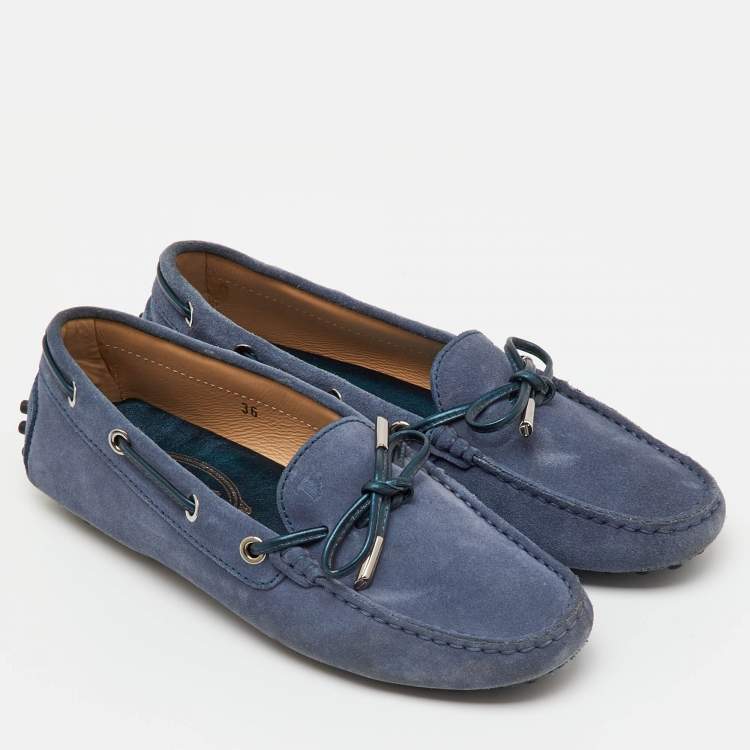 Pre Owned Tod's Blue Suede Gommino Bow Slip On Loafers Size 36
