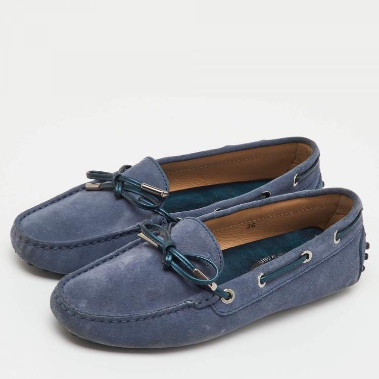 Pre Owned Tod's Blue Suede Gommino Bow Slip On Loafers Size 36