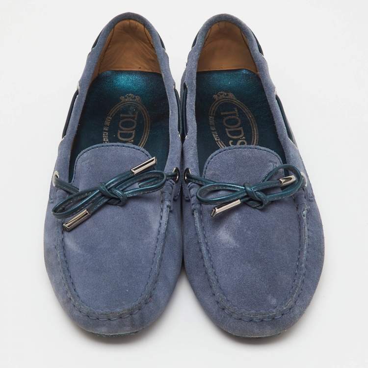 Pre Owned Tod's Blue Suede Gommino Bow Slip On Loafers Size 36