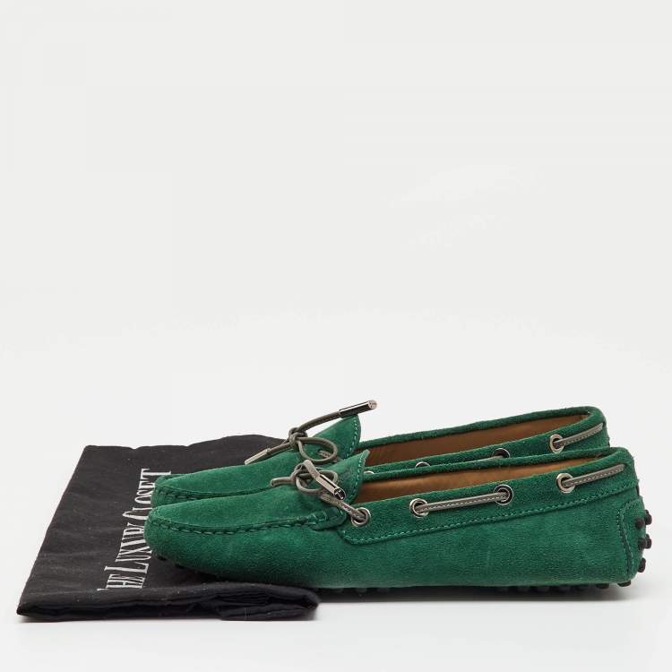 Pre Owned Tod's Green Suede Gommino Bow Slip On Loafers Size 36
