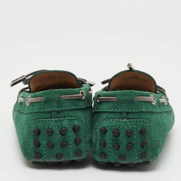 Pre Owned Tod's Green Suede Gommino Bow Slip On Loafers Size 36