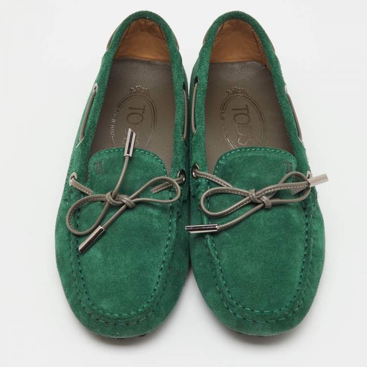 Pre Owned Tod's Green Suede Gommino Bow Slip On Loafers Size 36