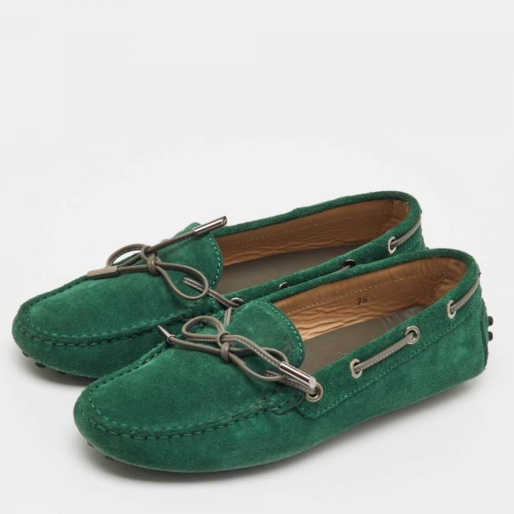 Pre Owned Tod's Green Suede Gommino Bow Slip On Loafers Size 36