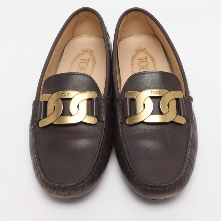 Pre Owned Tod's Brown Leather Kate Chain Slip On Loafers Size 37