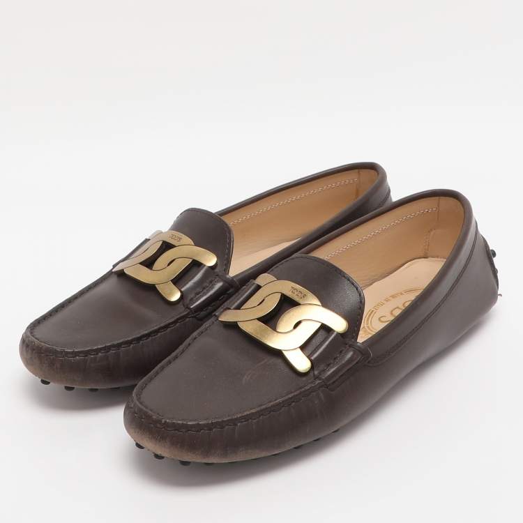 Pre Owned Tod's Brown Leather Kate Chain Slip On Loafers Size 37
