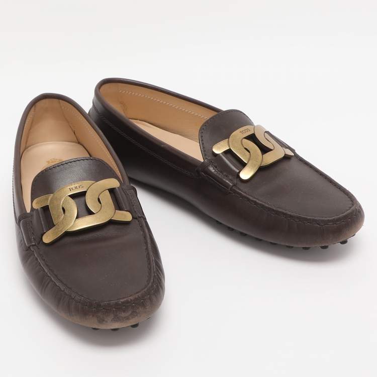 Pre Owned Tod's Brown Leather Kate Chain Slip On Loafers Size 37