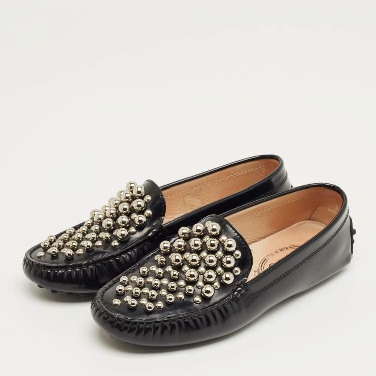 Pre Owned Tod's Black Leather Embellish Loafers Size 36