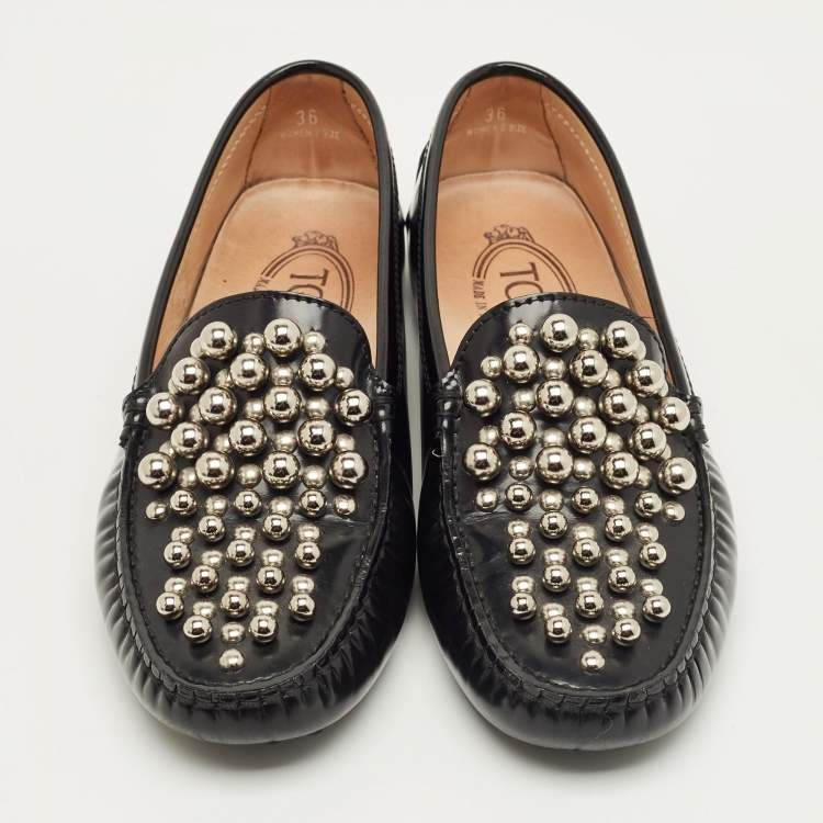 Pre Owned Tod's Black Leather Embellish Loafers Size 36