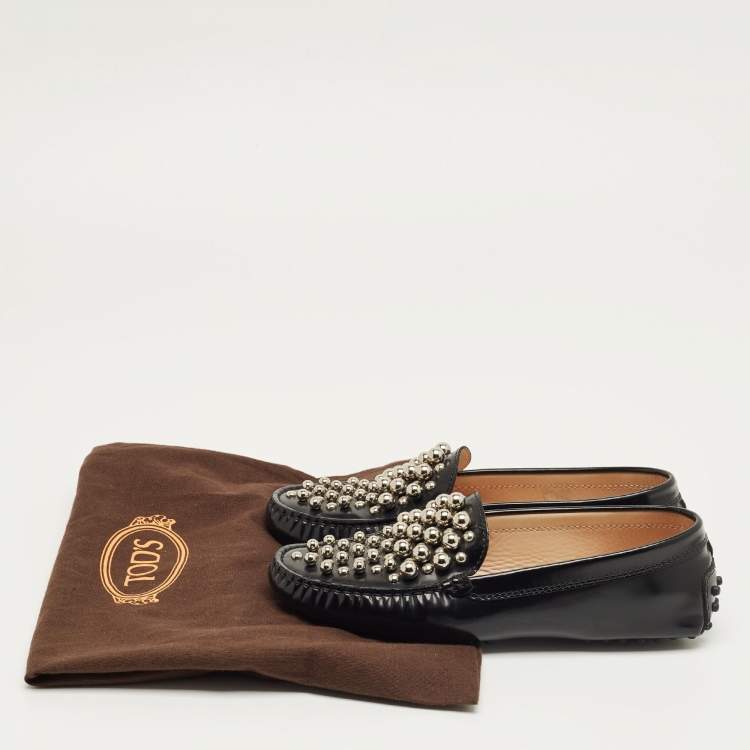 Pre Owned Tod's Black Leather Embellish Loafers Size 36