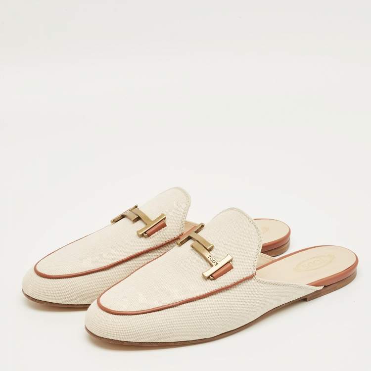 Pre Owned Tod's Beige/Brown Canvas and Leather Double T Flat Mules Size 42