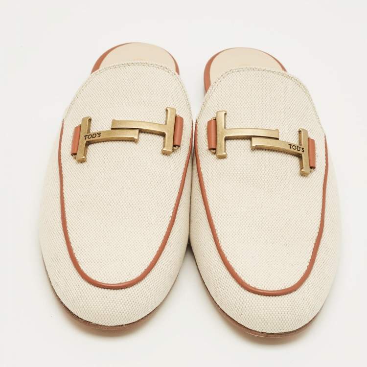 Pre Owned Tod's Beige/Brown Canvas and Leather Double T Flat Mules Size 42