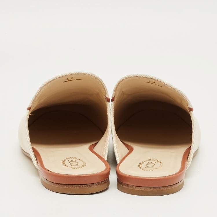 Pre Owned Tod's Beige/Brown Canvas and Leather Double T Flat Mules Size 42