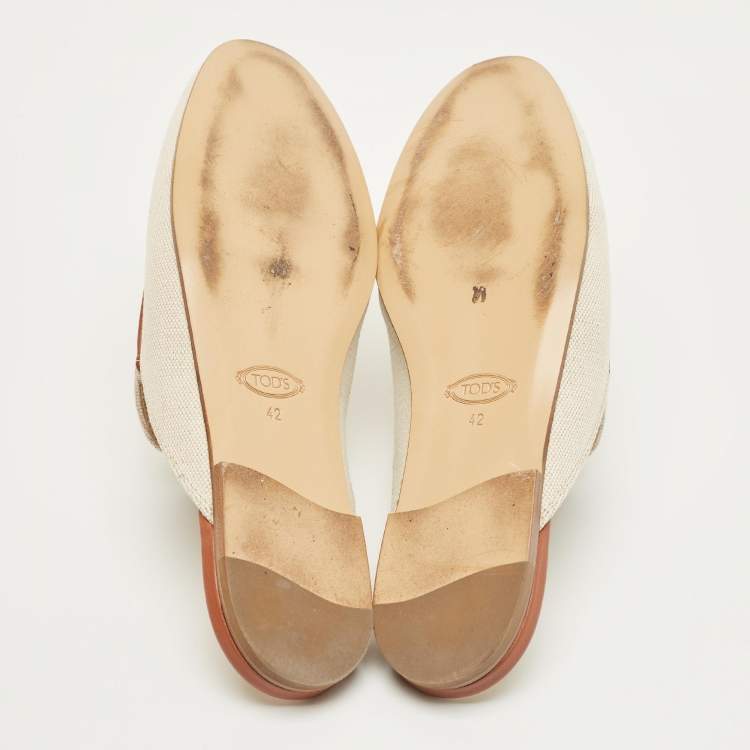 Pre Owned Tod's Beige/Brown Canvas and Leather Double T Flat Mules Size 42