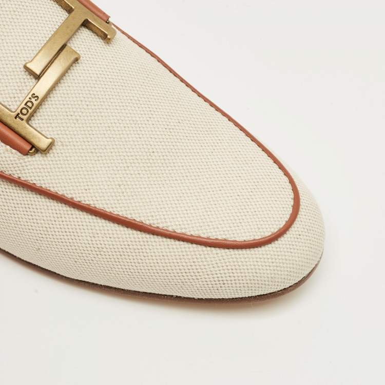 Pre Owned Tod's Beige/Brown Canvas and Leather Double T Flat Mules Size 42