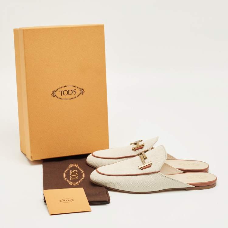 Pre Owned Tod's Beige/Brown Canvas and Leather Double T Flat Mules Size 42