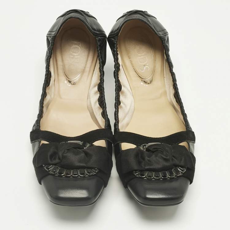 Pre Owned Tod's Black Leather Bow Square Toe Scrunch Ballet Flats Size 40.5