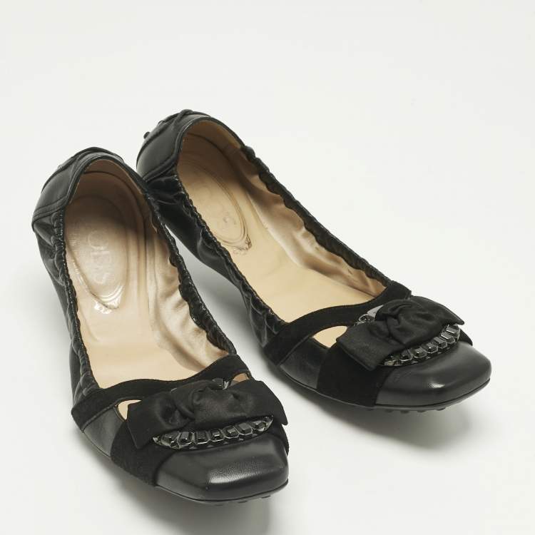 Pre Owned Tod's Black Leather Bow Square Toe Scrunch Ballet Flats Size 40.5