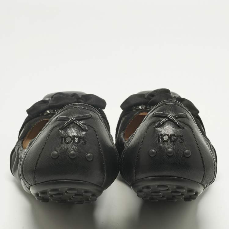 Pre Owned Tod's Black Leather Bow Square Toe Scrunch Ballet Flats Size 40.5