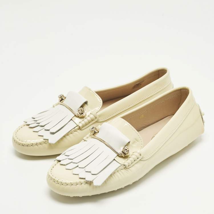 Pre Owned Tod's Blush Cream/White Patent and Leather Fringe Detail Loafers Size 39